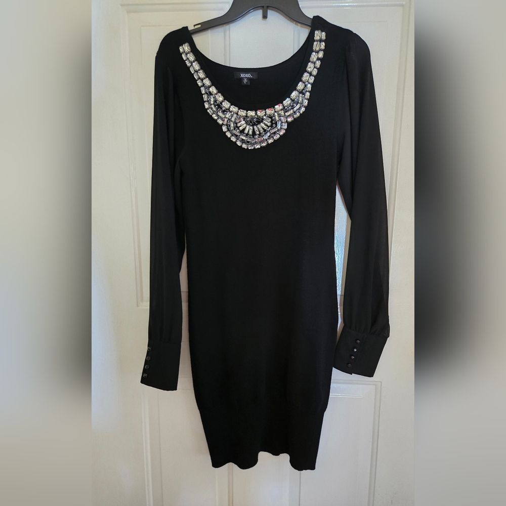 XOXO Womens Elegant Black Dress with Embellished Neckline L